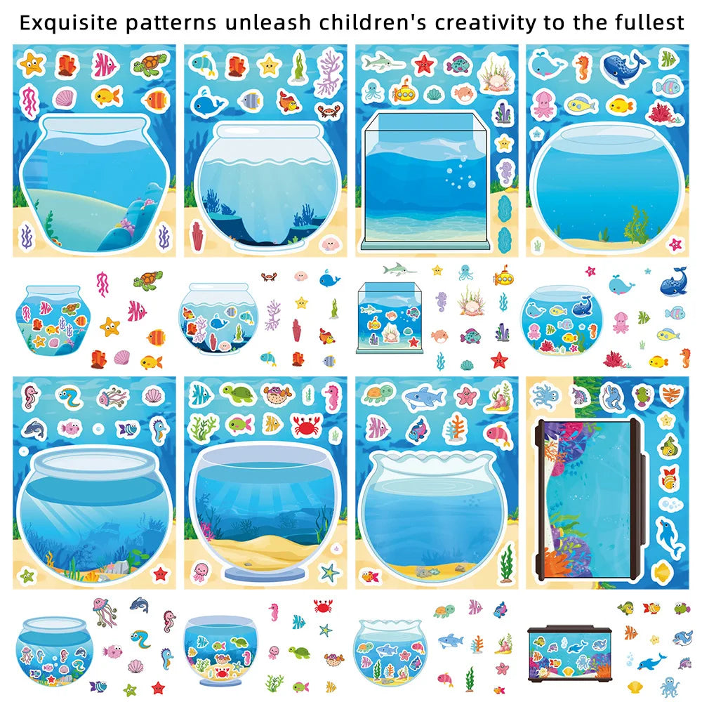 8/16Sheets Creative Fish Tank Cartoon Puzzle Stickers Kids Make Your Own DIY Game Children Jigsaw Sticker Toys Party Gifts