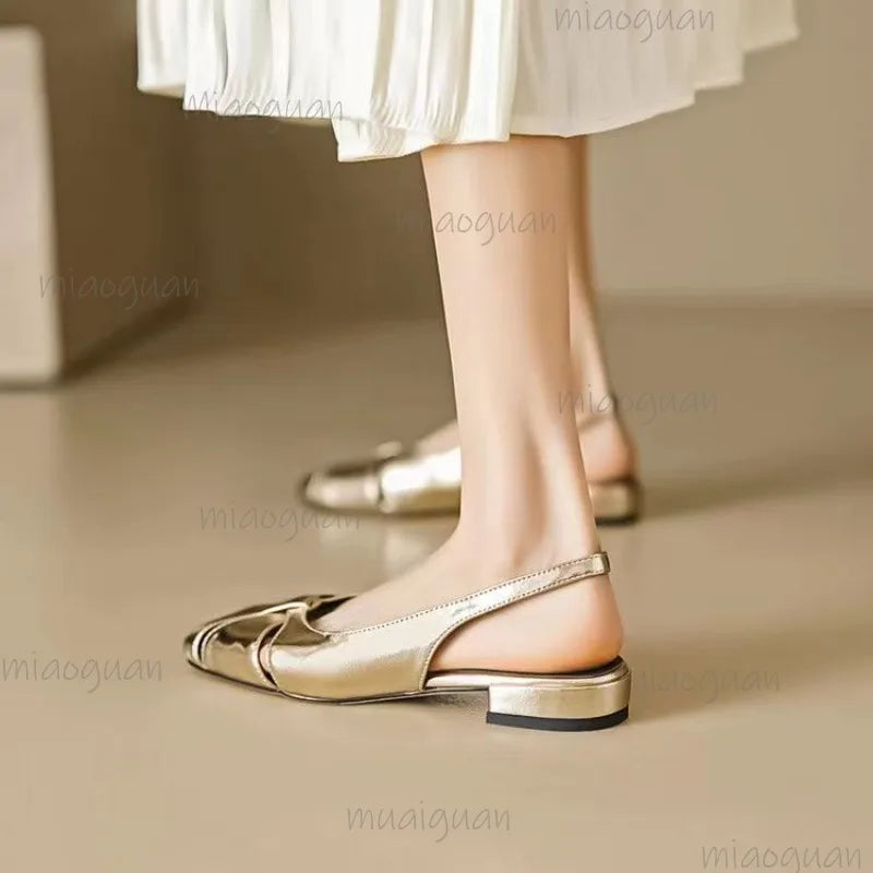 Cover Toe Low Heel Pumps Women's Sandals Gold Silver Slip on Comfortable Outwear Summer PU Leather Sandals Zapatos De Mujer