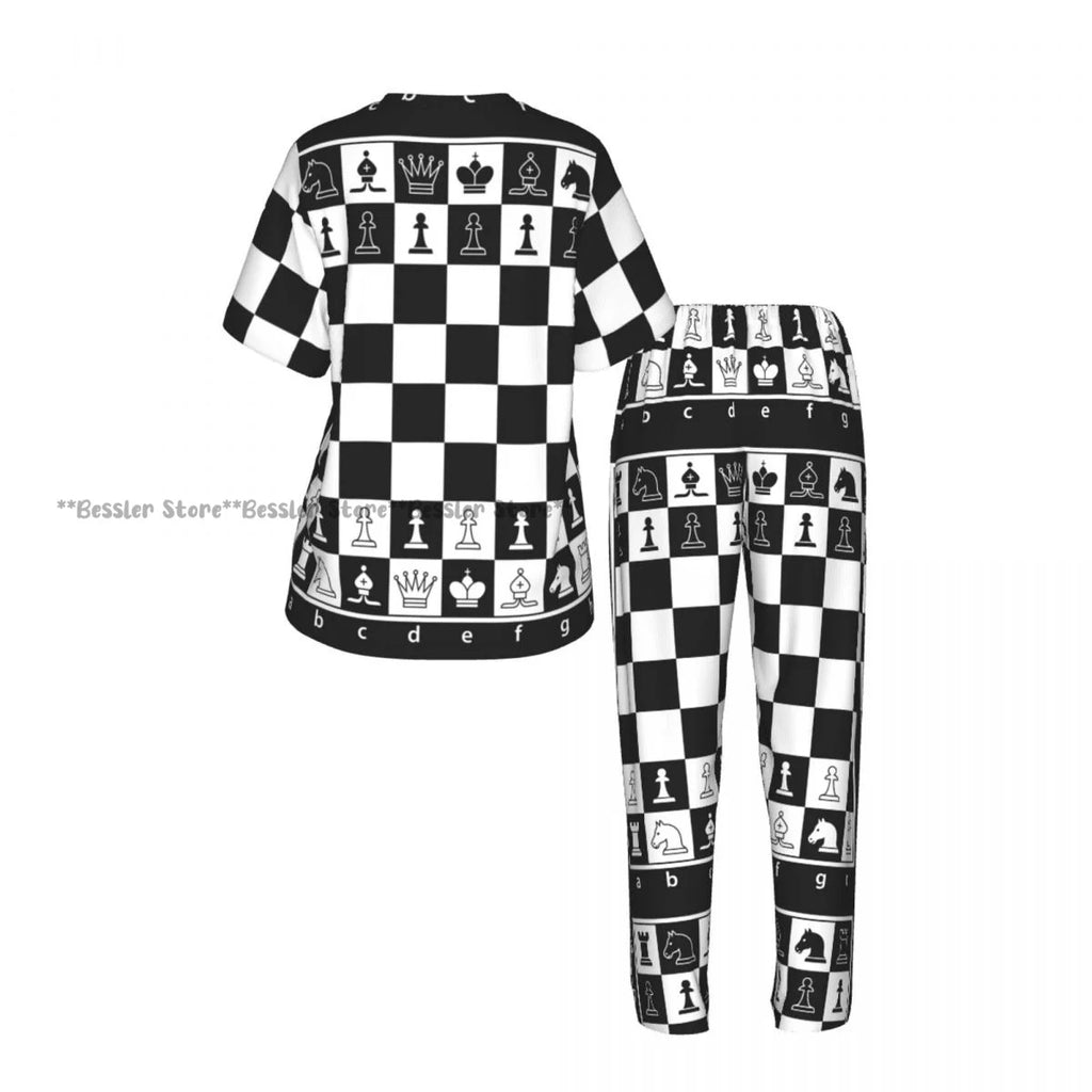 Women's Pajamas Set Black And White Chess Board Short Sleeve Sleepwear 2 Piece Homewear Loungewear