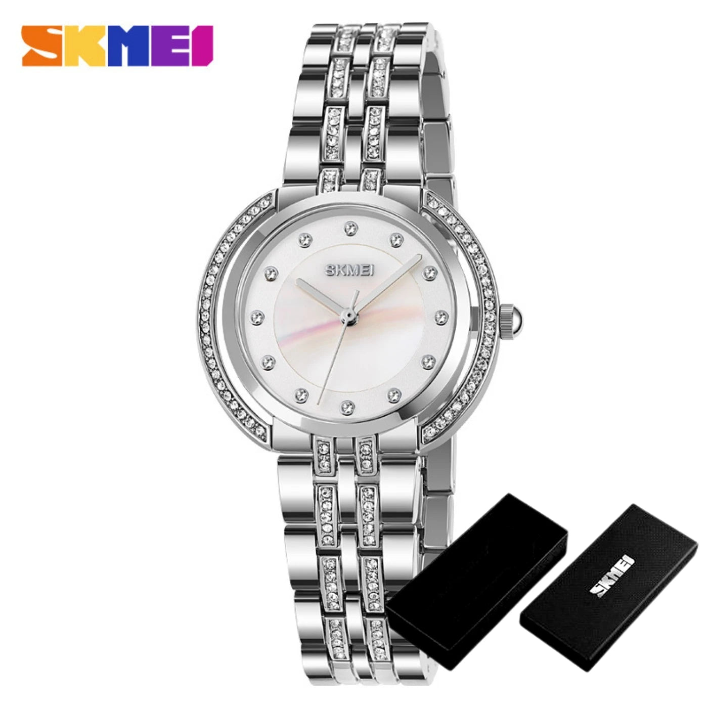 Womens Bracelet Quartz Watches Luxury Rhinestone Dial Zinc Alloy Band Analog Display 3 Bar Waterproof Fashion Wristwatch