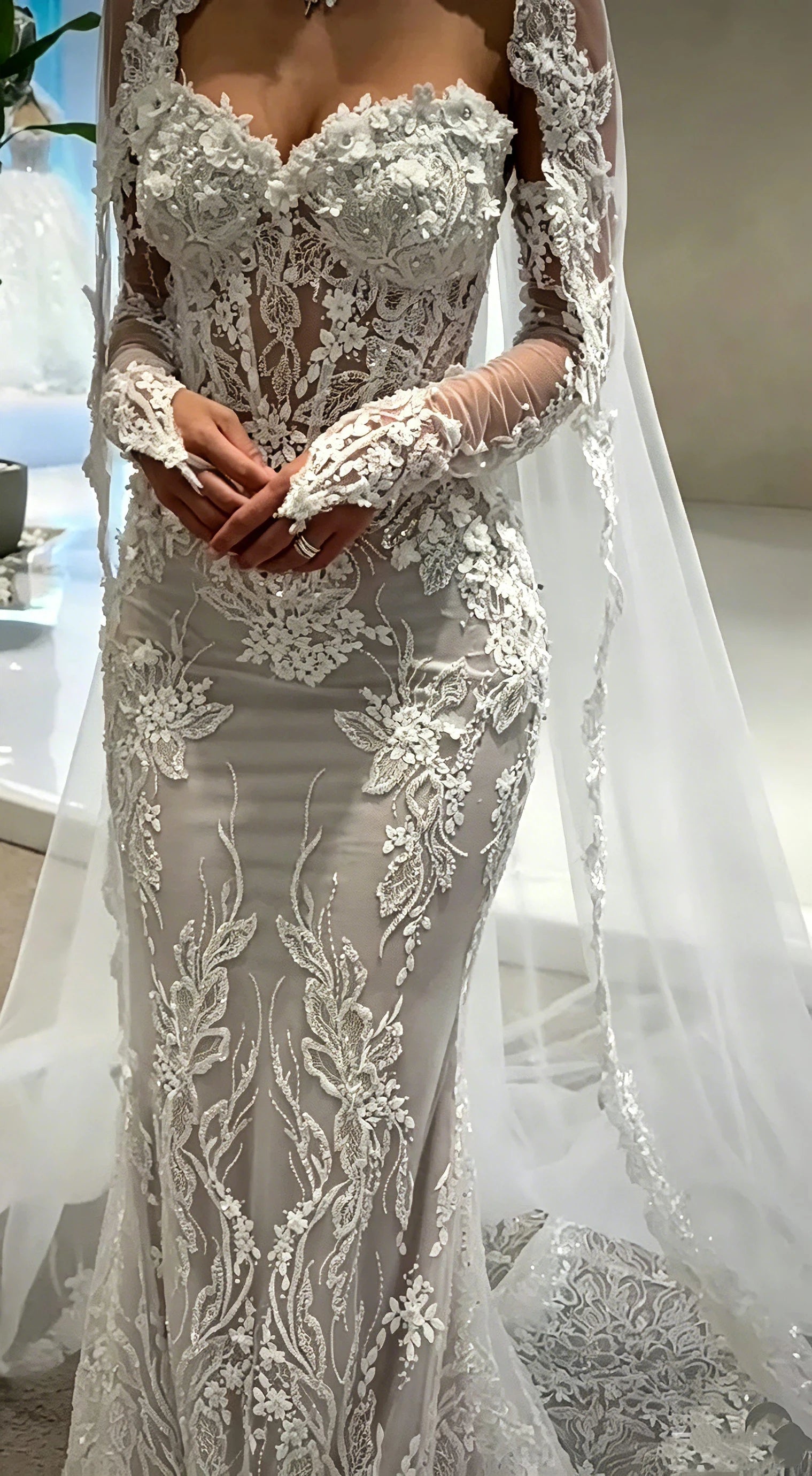 Luxury 3D Floral Lace Mermaid Wedding Dress Sweetheart Long Sheer Sleeve Sparkly Beaded Bridal Gown Vestido De Novia Customized