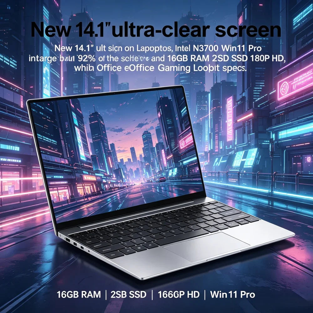 14.1" Ultra Slim Laptop Intel N3700 Win11 Pro 16GB RAM 2TB SSD 1080P HD Business & Gaming Notebook