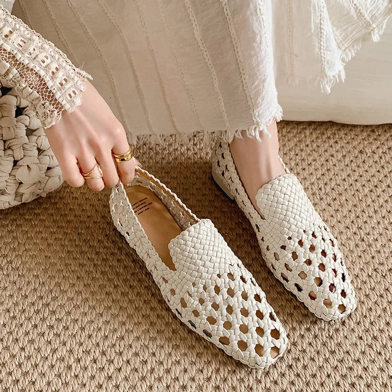 2026 Fashion Hot Sale Genuine Leather Braided Sandals Women Low Heel Breathable Summer Loafers Sandals Female Leisure Pumps