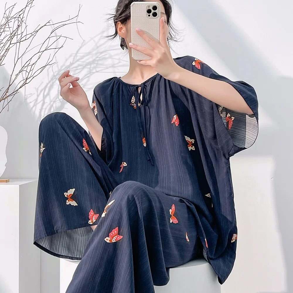 Hot 2026 Spring Summer New Women Cool Comfort Sleepwear Set Fashion Printed Loose Wide Leg Pants Large Home Clothes Two Pieceset