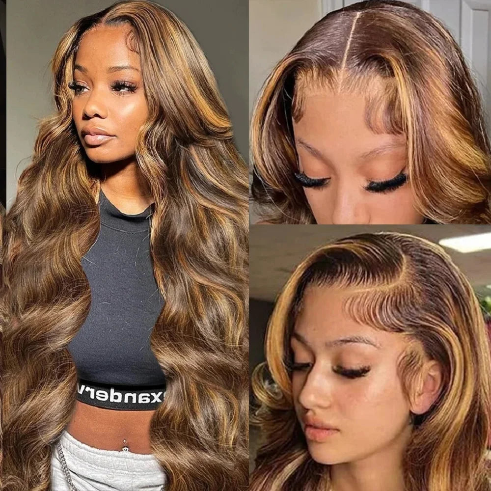 P4/27 Highlight Colored 200 Density Body Wave Human Hair Wigs For Women 13x4 13x6 HD Transparent Full Lace Frontal Wigs 46 Inch