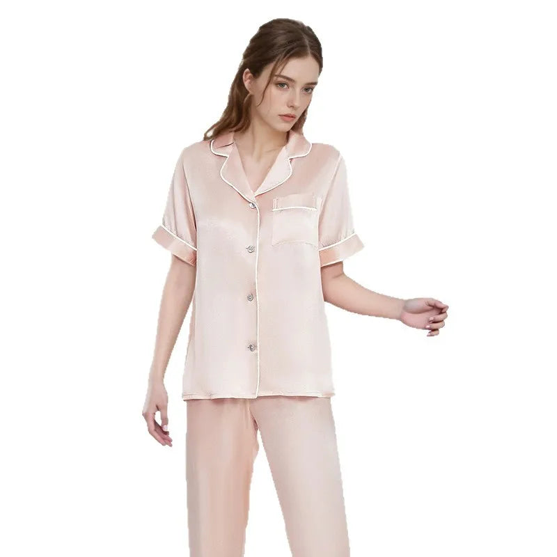 Spring Summer 19 Momme 100% Mulberry Silk Pajama Set Women Short Sleeve Long Pants Luxury Skin-friendly Antibacterial Loungewear