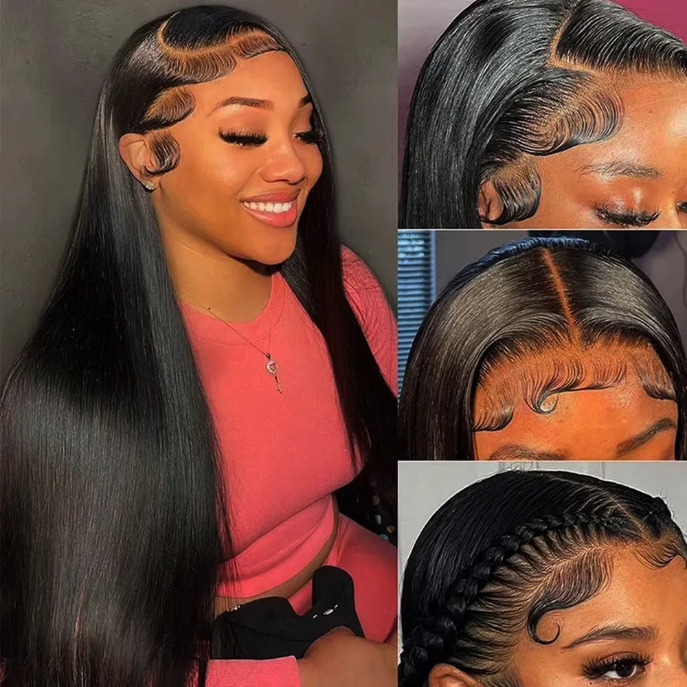 Natural Black Silky Bone Straight Extra Long Brazilian Virgin Human Hair Wig 46 Inch 13x6 HD Transparent Lace Front Pre Plucked Baby Hair Glueless Wear Go 200 Density For Black Women