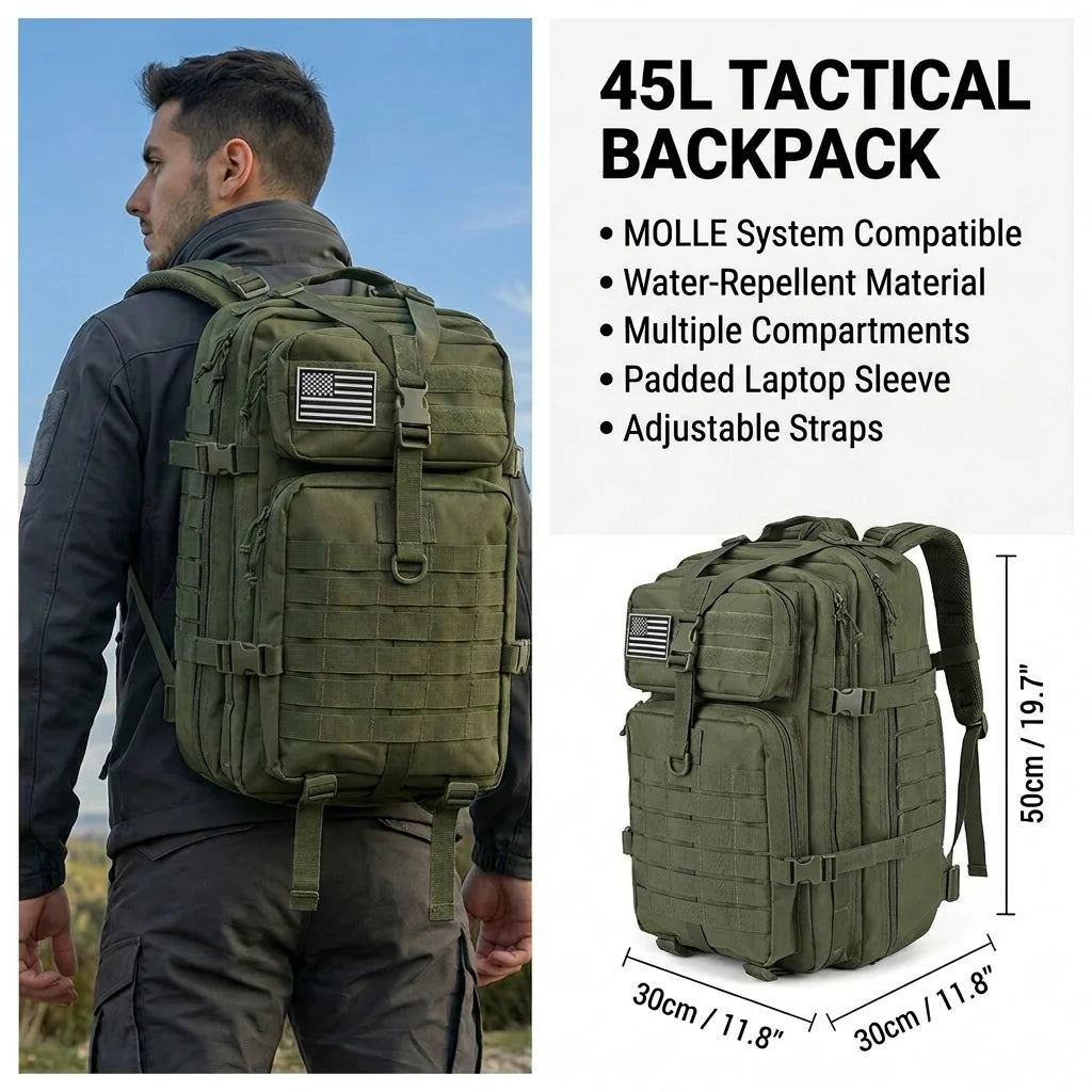 45L Tactical Hunting Backpack Molle Camo Water Resistant Outdoor Field Bag Camping Hiking Trekking Bushcraft Survival Bug Out Bag Large Capacity Rucksack Daypack Men Women Hunters Durable Wear Resistant Heavy Duty Multi Pocket Trail Wilderness Hunting