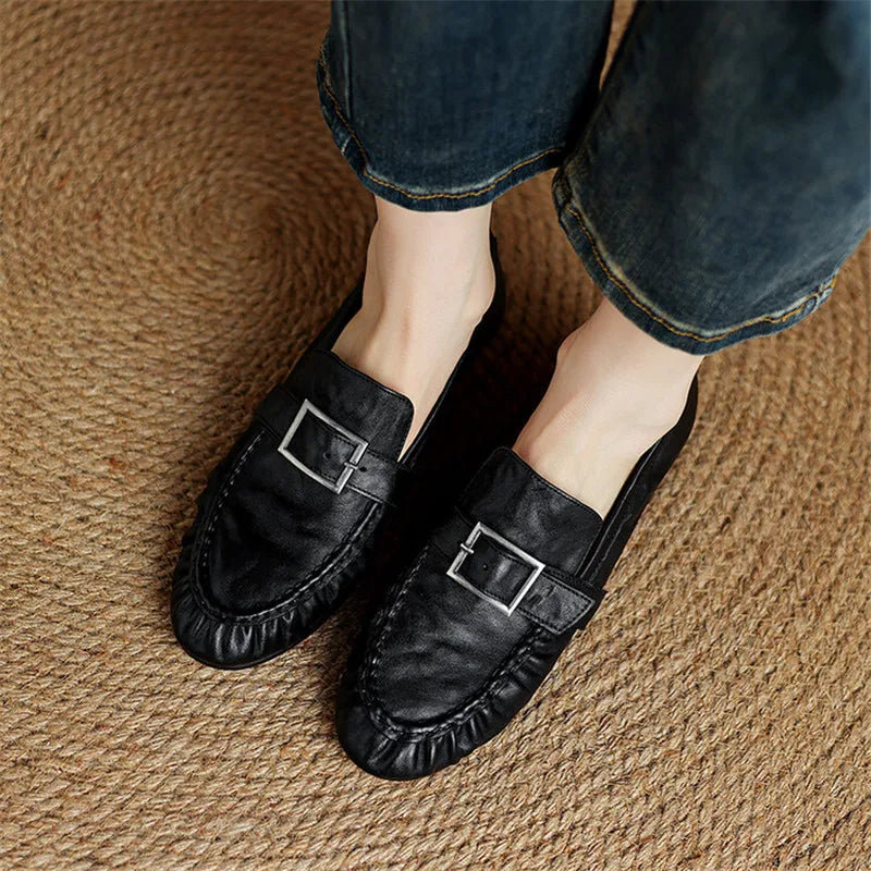 New Autumn Genuine Leather Women Pumps Fashion Pleated Round Toe Shoes for Women Thick Heel Women Loafers Zapatos Mujer Low Heel