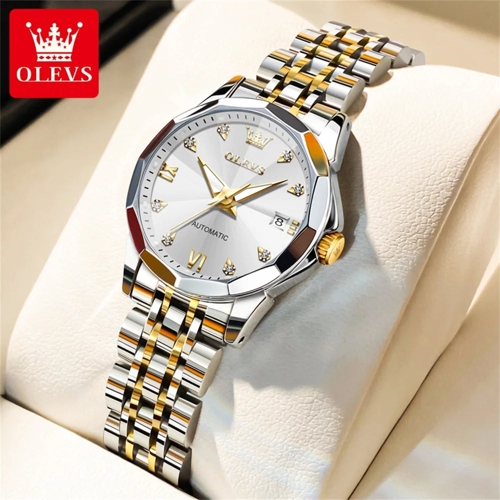 OLEVS Women's Watches Trend Elegant Sparkling Shining Diamond Scale Original Automatic Mechanical Wristwatch for Lady Waterproof