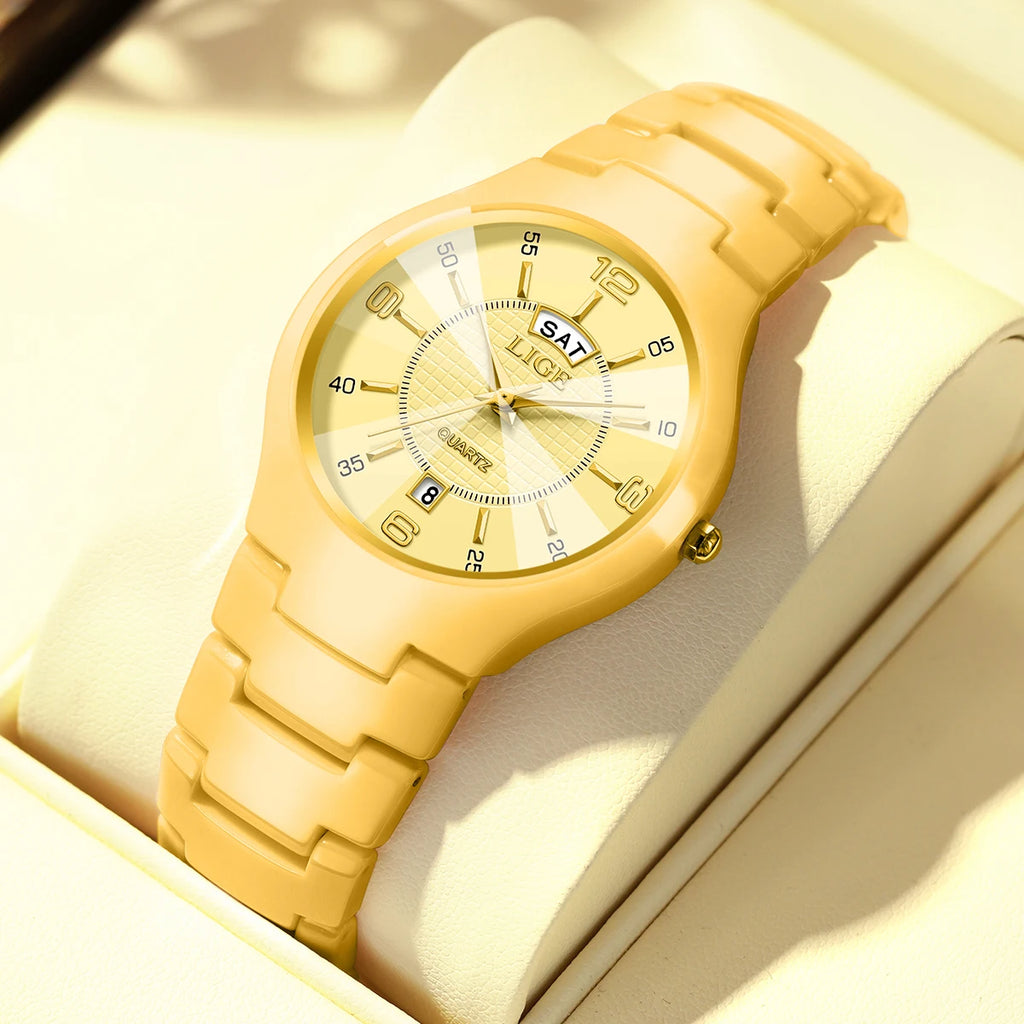 LIGE Fashion Elegant Women's Wristwatch Luxury Ceramics Strap Auto Date Week Waterproof Small Dial Quartz Watches for Woman Gift