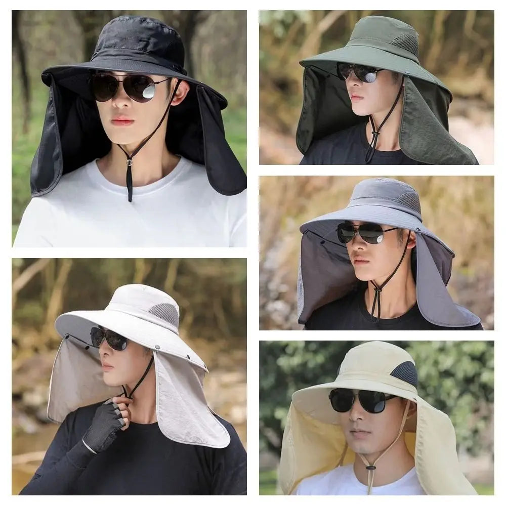 Removable Cloth Men Sun Hat Big Brim Neck Protection Women Visor Cap With Lanyard Sunscreen Summer Bucket Hat Women