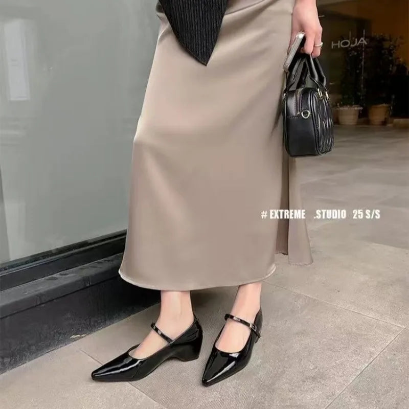 2026 New Arrival Sweet Elegant Shoes Women Wedge Heel Mary Jane Shoes Pointed Toe Women's Shoes Metal Buckle Trim Sandals 5413