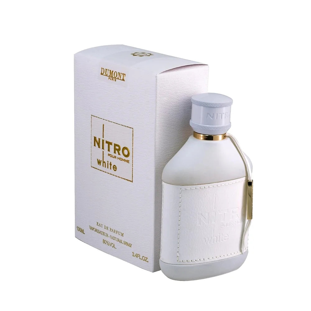 Dumont Nitro White Pour Homme EDP Perfume for Men 100ml 3.4oz, Juniper Iris Leather Honey Woody Fragrance Spray, Matte White Bottle Luxury Gift Box for Office Dating Daily Wear