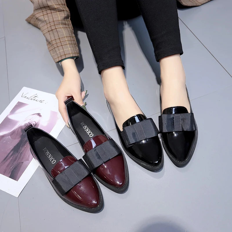 Black/ Wine Red Patent Leather Pointed Toe Flats, Bow Knot Slip-On Loafers, Versatile Dress Shoes for Daily & Business Wea
