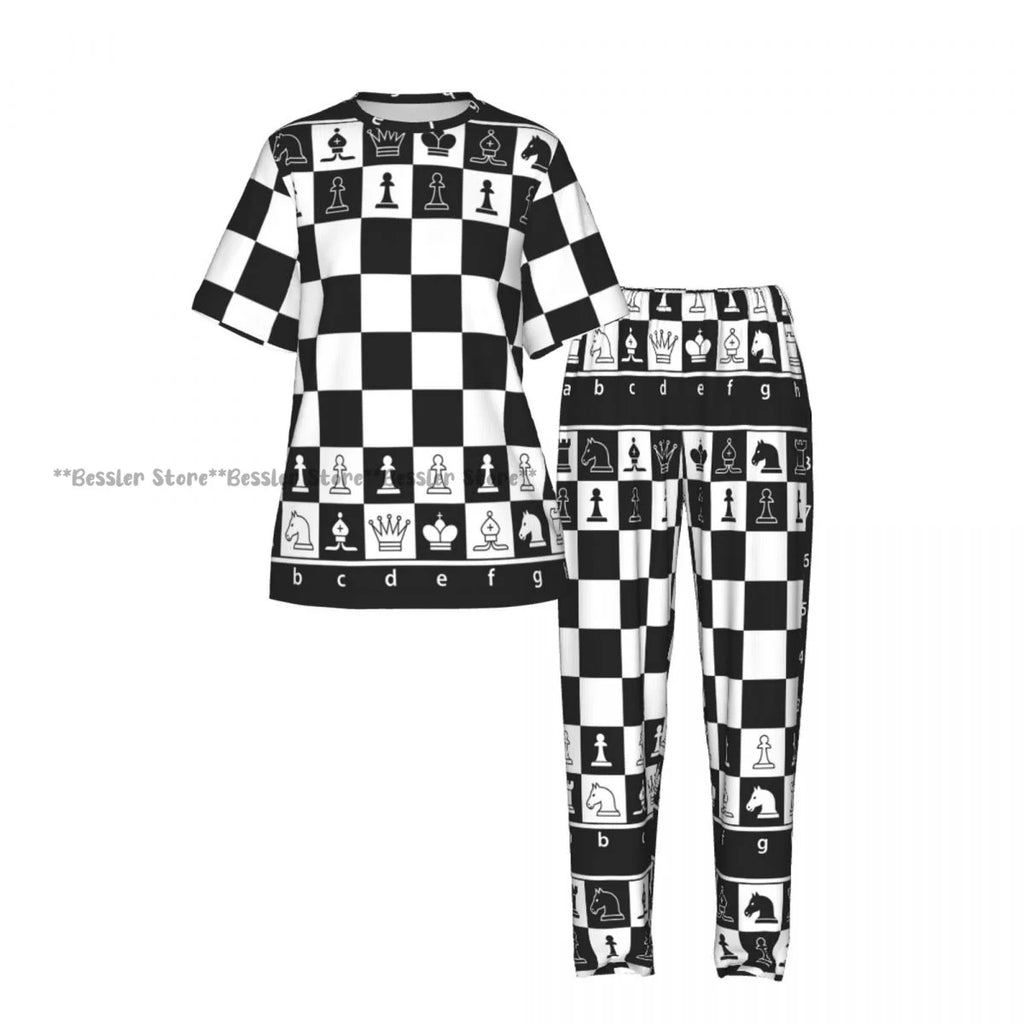 Women's Pajamas Set Black And White Chess Board Short Sleeve Sleepwear 2 Piece Homewear Loungewear