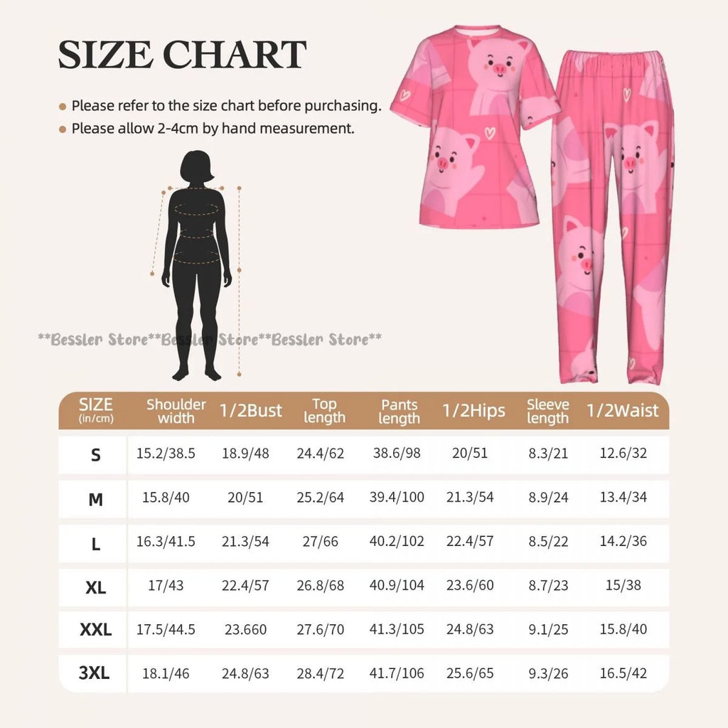 Women Pajama Sets Lounge Sleepwear Cartoon Pig Pink Background Short Sleeve Nightwear