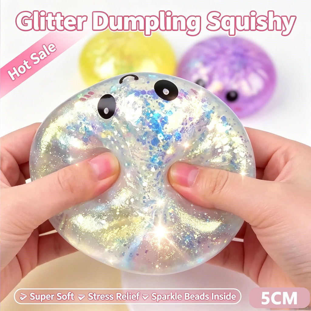 New Glitter Dumpling Squishy Sparkle Bead Steamed Bun Squeeze Toy Stress Relief Sensory Fidget Toy with Box for Adults Office