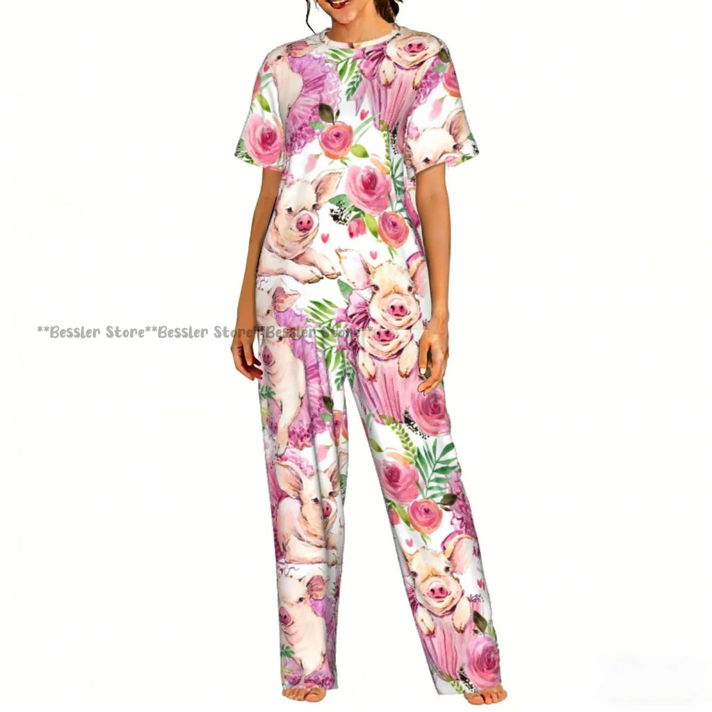 Women Pajama Sets Lounge Sleepwear Cartoon Pig Pink Background Short Sleeve Nightwear