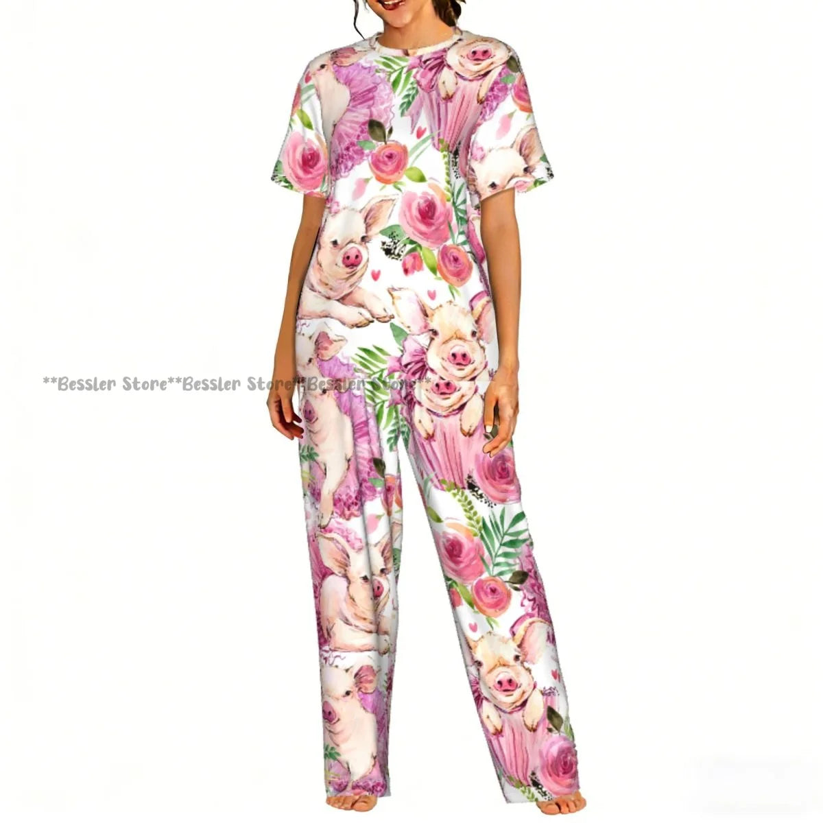 Women Pajama Sets Lounge Sleepwear Cartoon Pig Pink Background Short Sleeve Nightwear