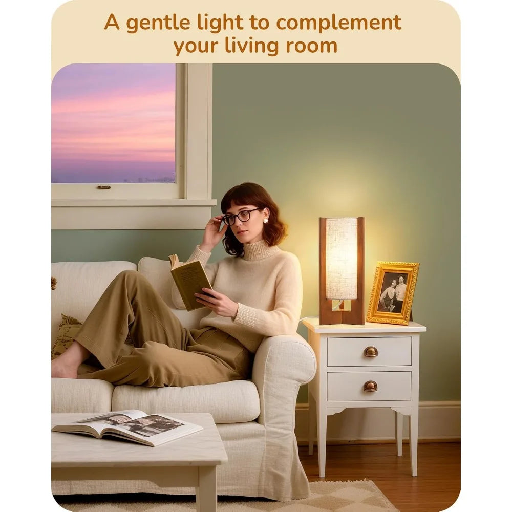 13.5" Small Table Lamp with Walnut Wood and Beige Linen Shade for Modern Bedside Lighting