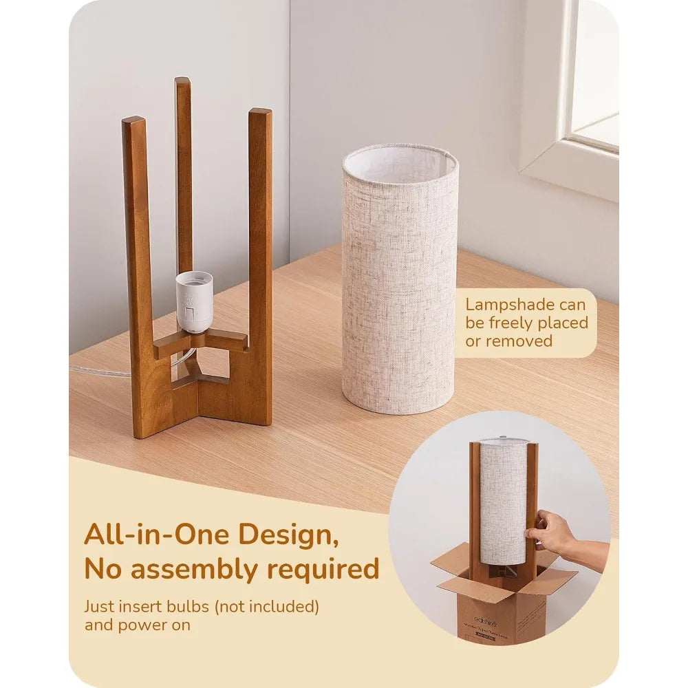 13.5" Small Table Lamp with Walnut Wood and Beige Linen Shade for Modern Bedside Lighting