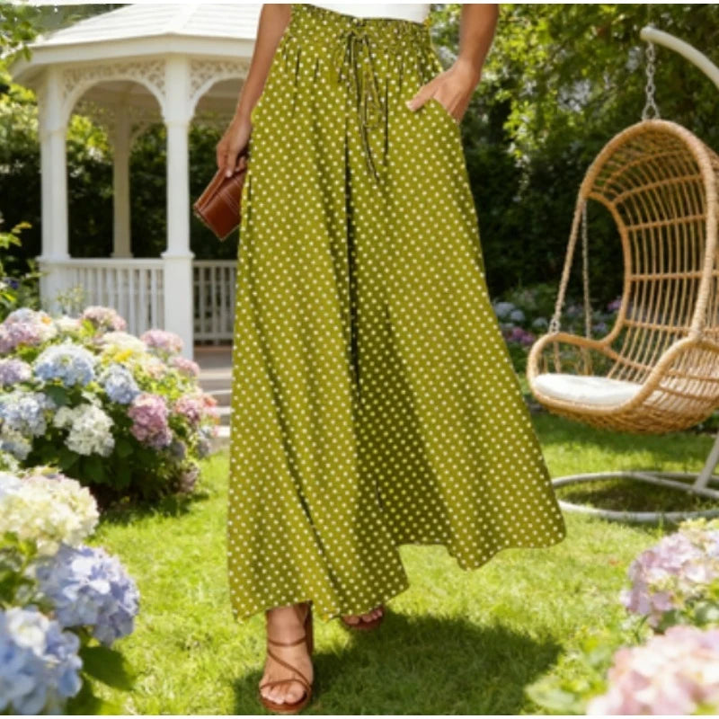 1pcs Bohemian Style Wide Leg Pants Elastic Waist Polka Dot Print Long Skirt Pants for Women
