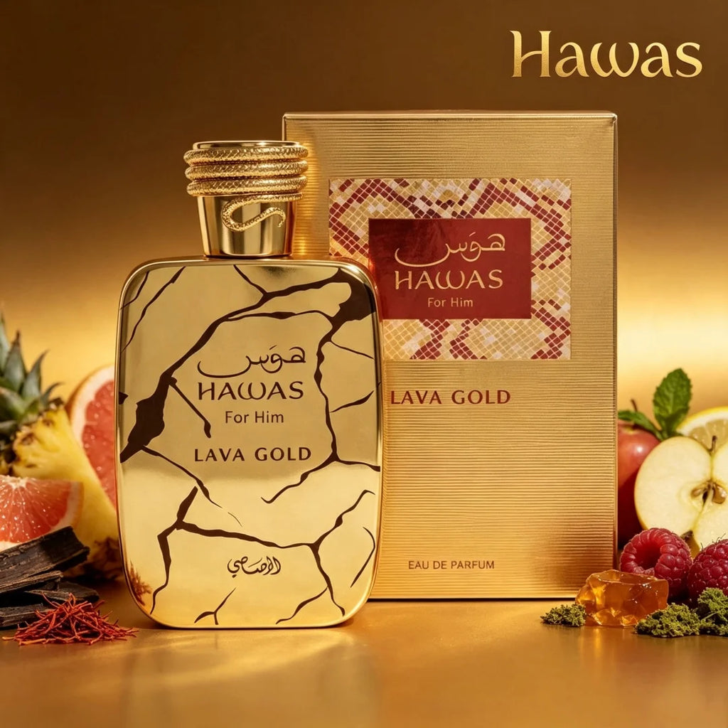 Hawas Lava Gold by Rasasi 100ml Men’s EDP Oriental Woody Perfume, Pineapple Apple & Oud Scent