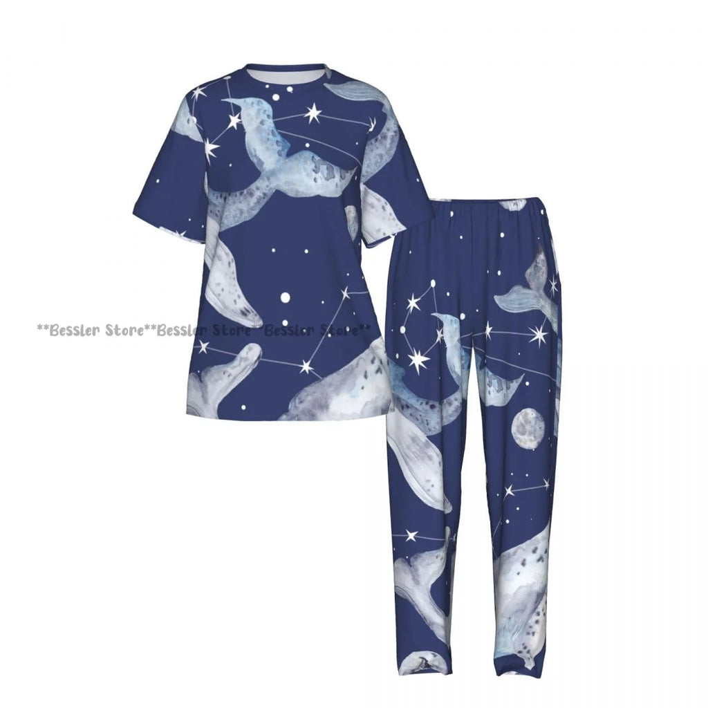 Women's Whales And Constellation Stars Watercolor short sleeve trousers casual pajamas set
