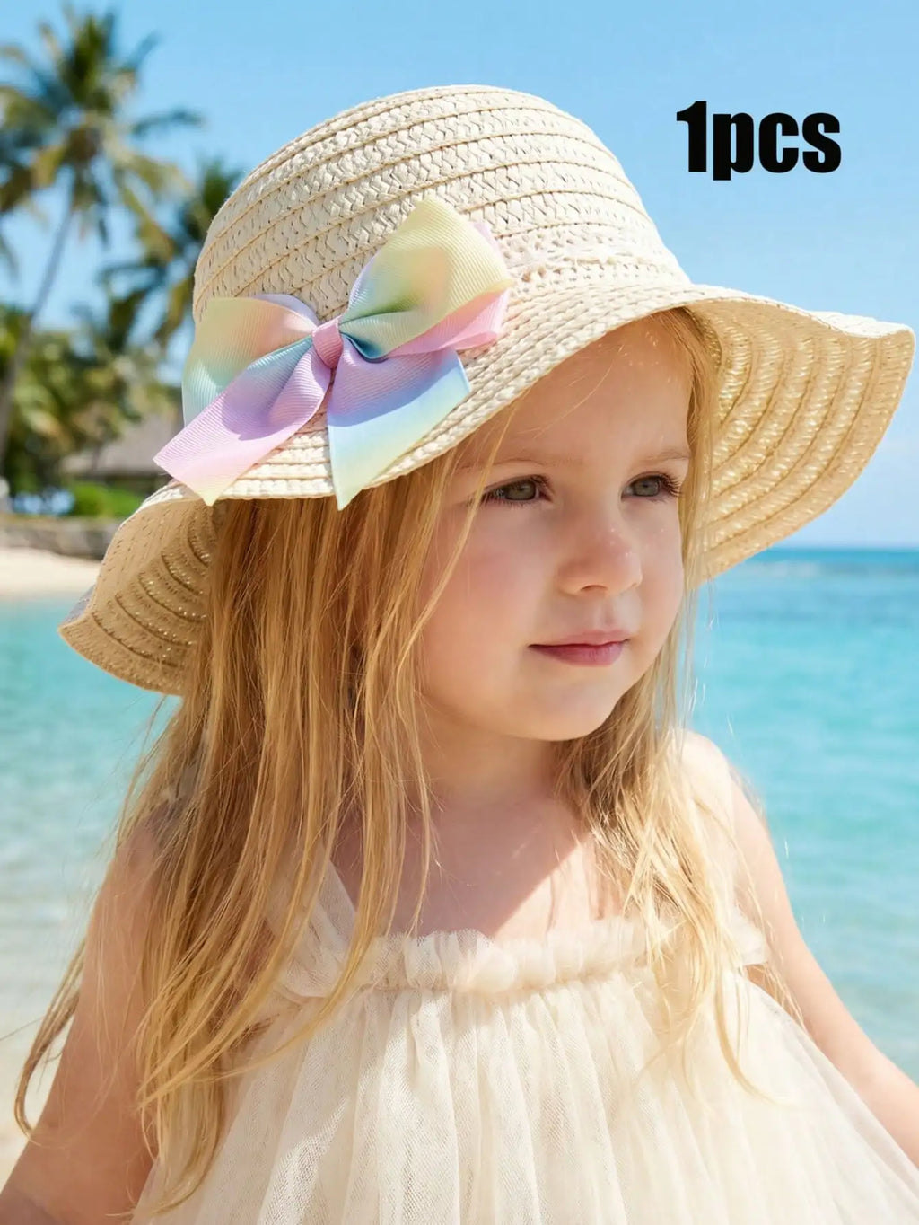 1Pc 1-5Y Girls Beige Straw Hat With Colorful Bow Light Breathable Sun Hat For Beach Outdoor Sports Holiday Daily Wear