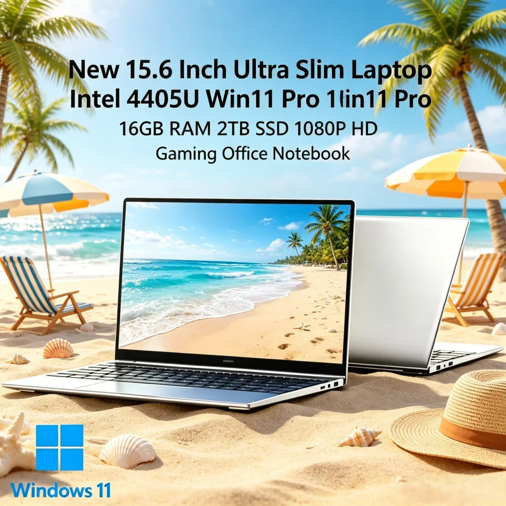 New 15.6 Inch Ultra Slim Laptop Intel 4405U Win11 Pro 16GB RAM 2TB SSD 1080P HD Gaming Office Notebook