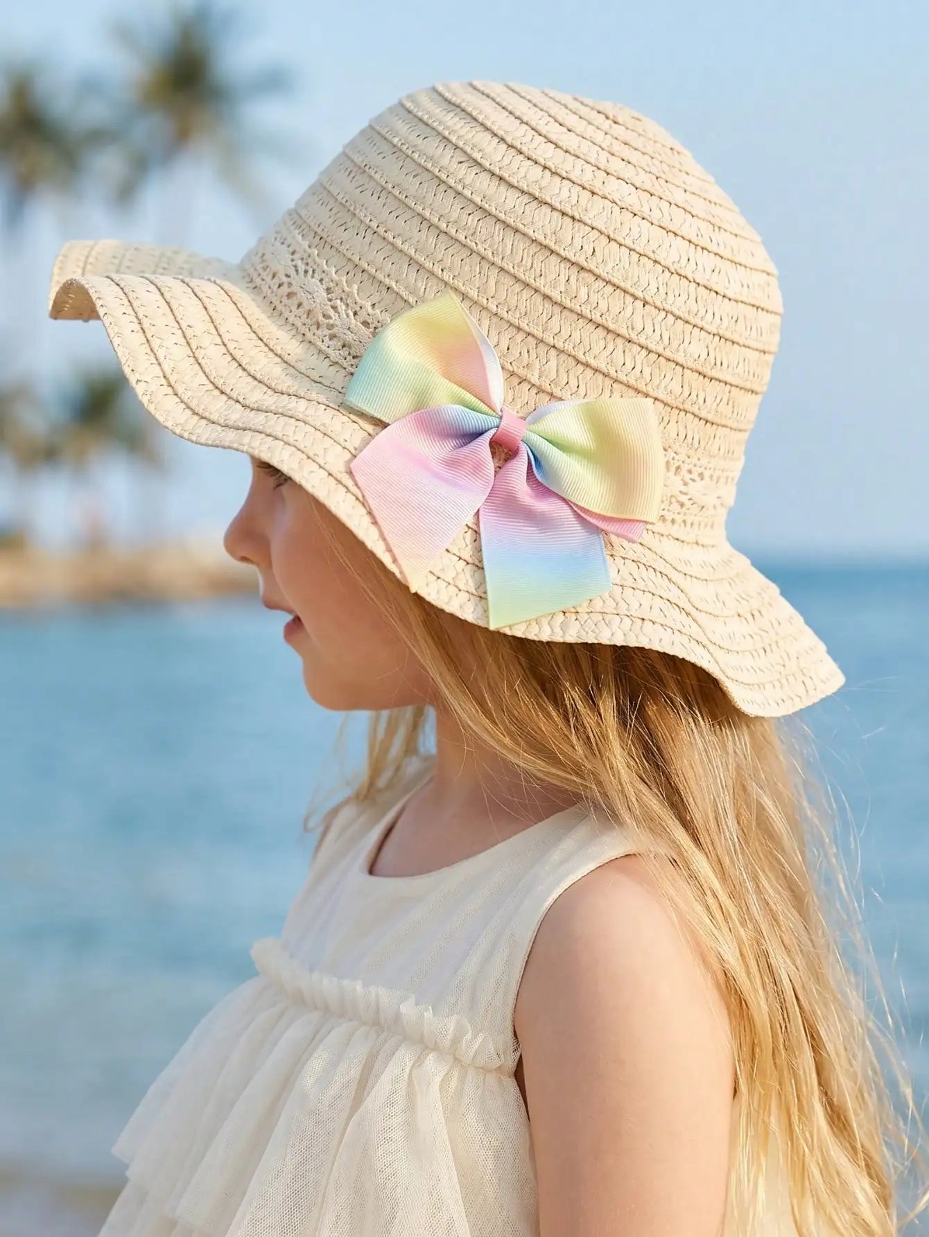 1Pc 1-5Y Girls Beige Straw Hat With Colorful Bow Light Breathable Sun Hat For Beach Outdoor Sports Holiday Daily Wear