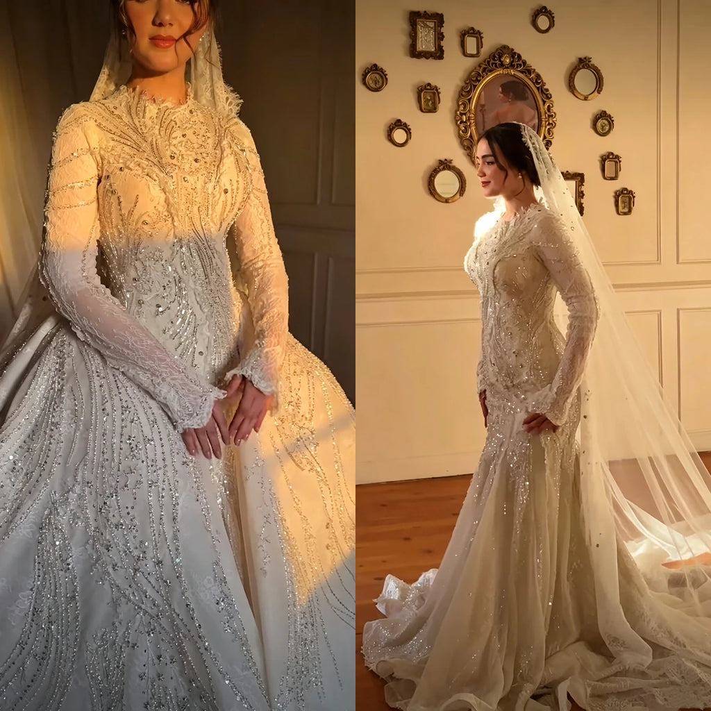 Luxury Beaded Lace Mermaid Wedding Dresses Sparkly Crystal Chapel Train Detachable Bridal Gown Vestidos De Novia Customized