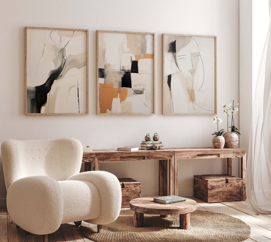 Abstrakte Beige Schwarz Poster · Geschenkidee · Künstlerische Linienzeichnungen und Moderne Strukturkunst in Neutralen Naturtönen · Dekoprint ohne Rahmen