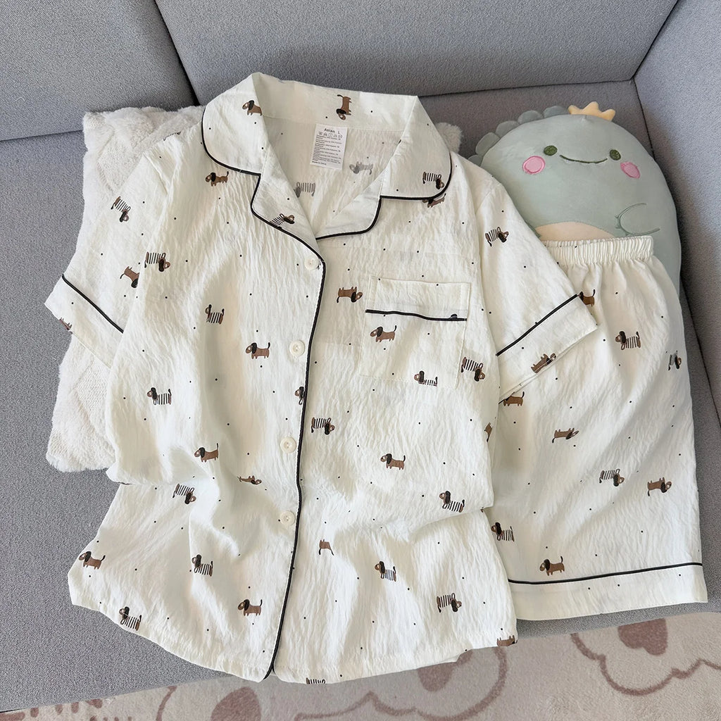Women's Summer Pajamas, Thin Polka Dot Puppy Short-Sleeved Shorts, Sweet and Cute, Can Be Worn Outside in Summer, Home Clothes Set, Two-Piece Set