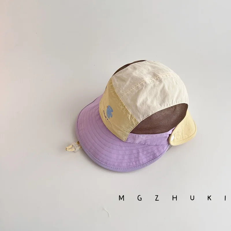 Summer Kids Thin Bucket Hat Quick-Dry UV Protection Sun Hat 1-5Y Boys Girls Cartoon Macaron Color Block Double Brim Outd