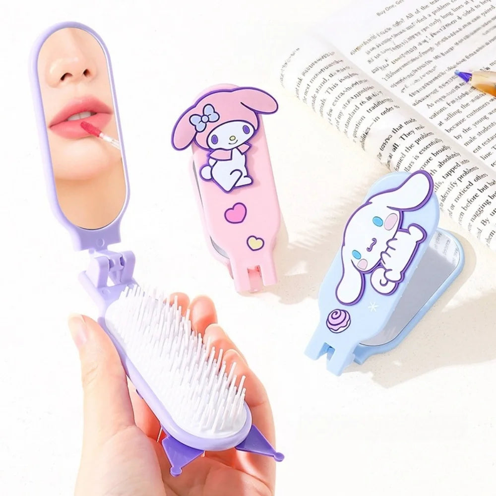 Sanrio Foldable Hair Comb with Mirror Genuine Kawaii Hello Kitty Kuromi My Melody Cinnamoroll Portable Styling Tool for Girls