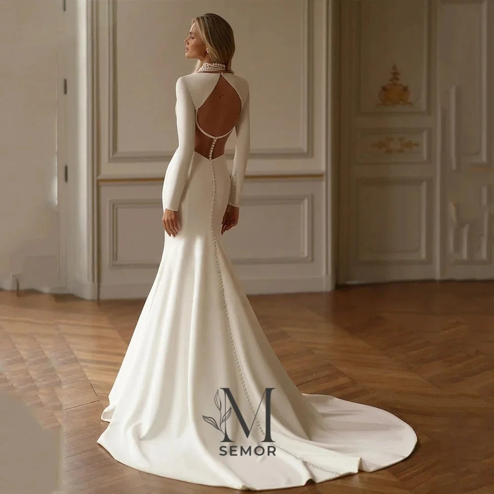 Semor Simple Satin Long Sleeves Robe de mariée Customized Sweetheart Mermaid Bridal Gowns Modern Ruched Wedding Dress For Woman
