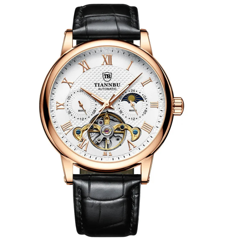 Automatic Mechanical Men's Watch with Luminous Hand Leather Band Waterproof Fashion and Sporty Style Sun Pattern High Quality