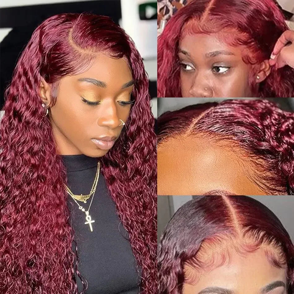 99J Burgundy Colored Deep Wave 200 Density 13x6 Transparent Lace Frontal Human Hair Wigs 44 46 Inch 13x4 HD Full Lace Front Wigs