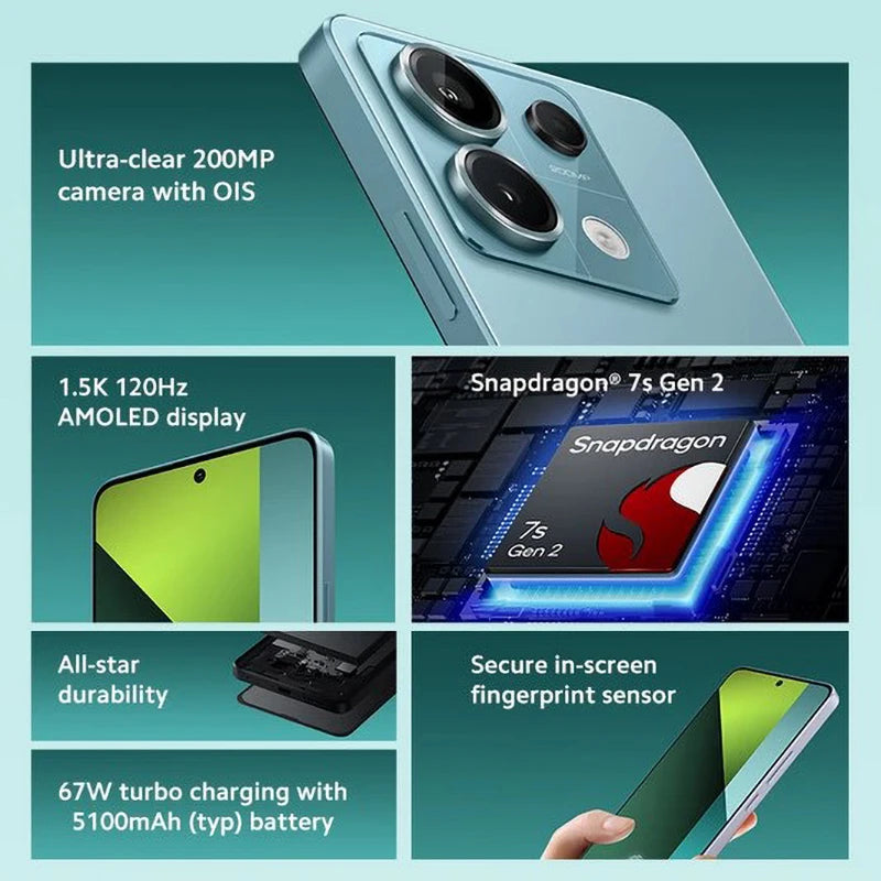 Global Firmware Xiaomi Redmi Note 13 Pro 5G Smartphone 128GB/256GB ROM Snapdragon 7s Gen 2 67W Turbo Used Phones no charger
