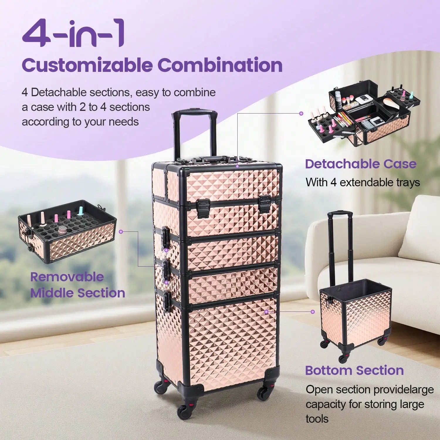 Rolling Makeup Train Case 4 in 1 Cosmetology Case on Wheels, Large Storage Cosmetic Trolley with Key Lock, Professional Makeup Travel Organizer for Salon Barber Nail Tech, Black