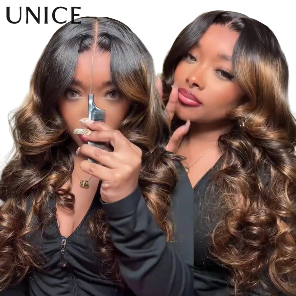 UNICE 7x5 Pre Cut Lace Balayage Brown Body Wave Glueless Wig Pre Plucked Bleached Knots Natural Hairline 100% Human Hair Wigs