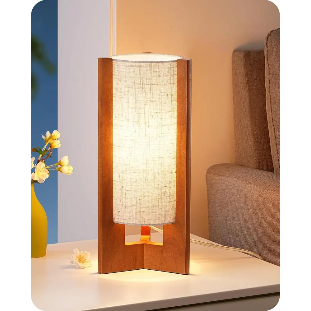 13.5" Small Table Lamp with Walnut Wood and Beige Linen Shade for Modern Bedside Lighting