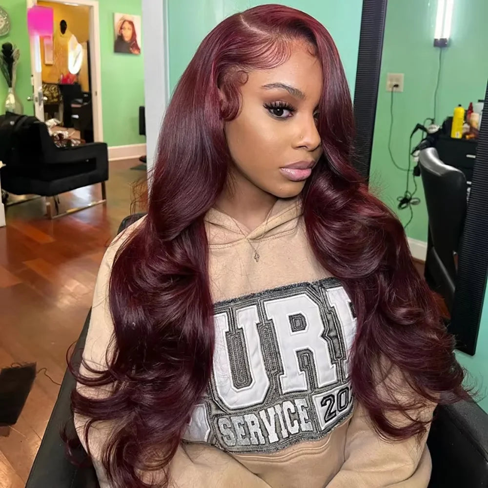 99J Dark Burgundy Colored Body Wave With Bangs Human Hair Wig 13x6 Lace Frontal Wig 13X6 Red Lace Front Human Hair Wigs 13X4 Burgundy 99J Lace Front Wigs Pre Plucked Black Women