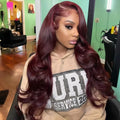 99J Dark Burgundy Colored Body Wave With Bangs Human Hair Wig 13x6 Lace Frontal Wig 13X6 Red Lace Front Human Hair Wigs 13X4 Burgundy 99J Lace Front Wigs Pre Plucked Black Women