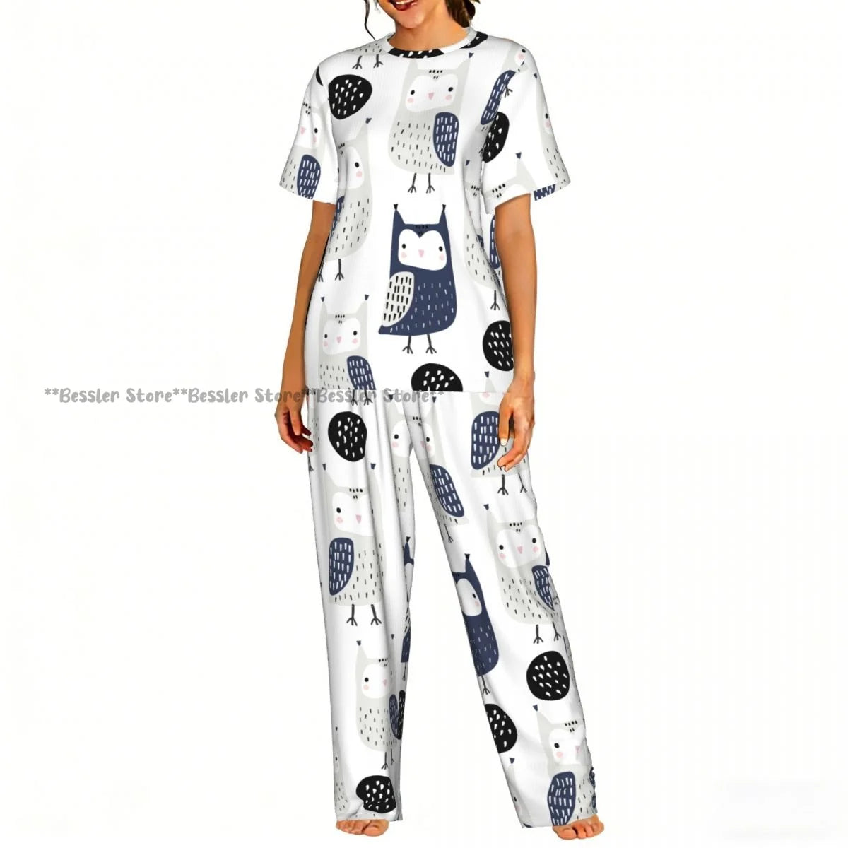 Women's 2-piece set Halloween Owls Bats Pattern Pajamas Short sleeved Top and Pants Sleepwear