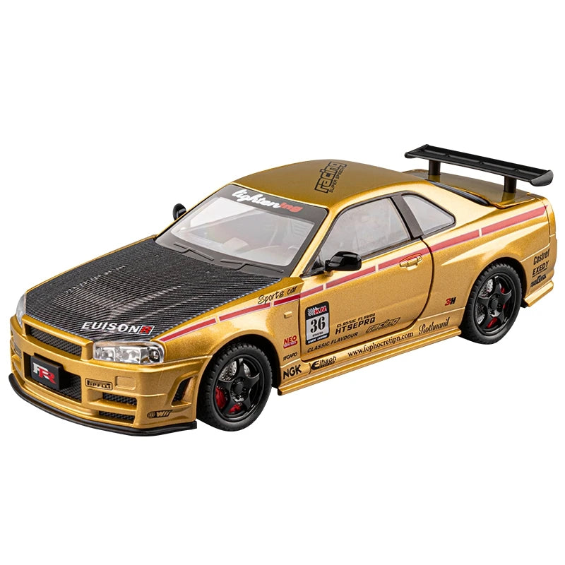 1:24 simulation Nissan GTR-R34 alloy car model doors and engine hood, trunk can be opened rich in details, finely crafted