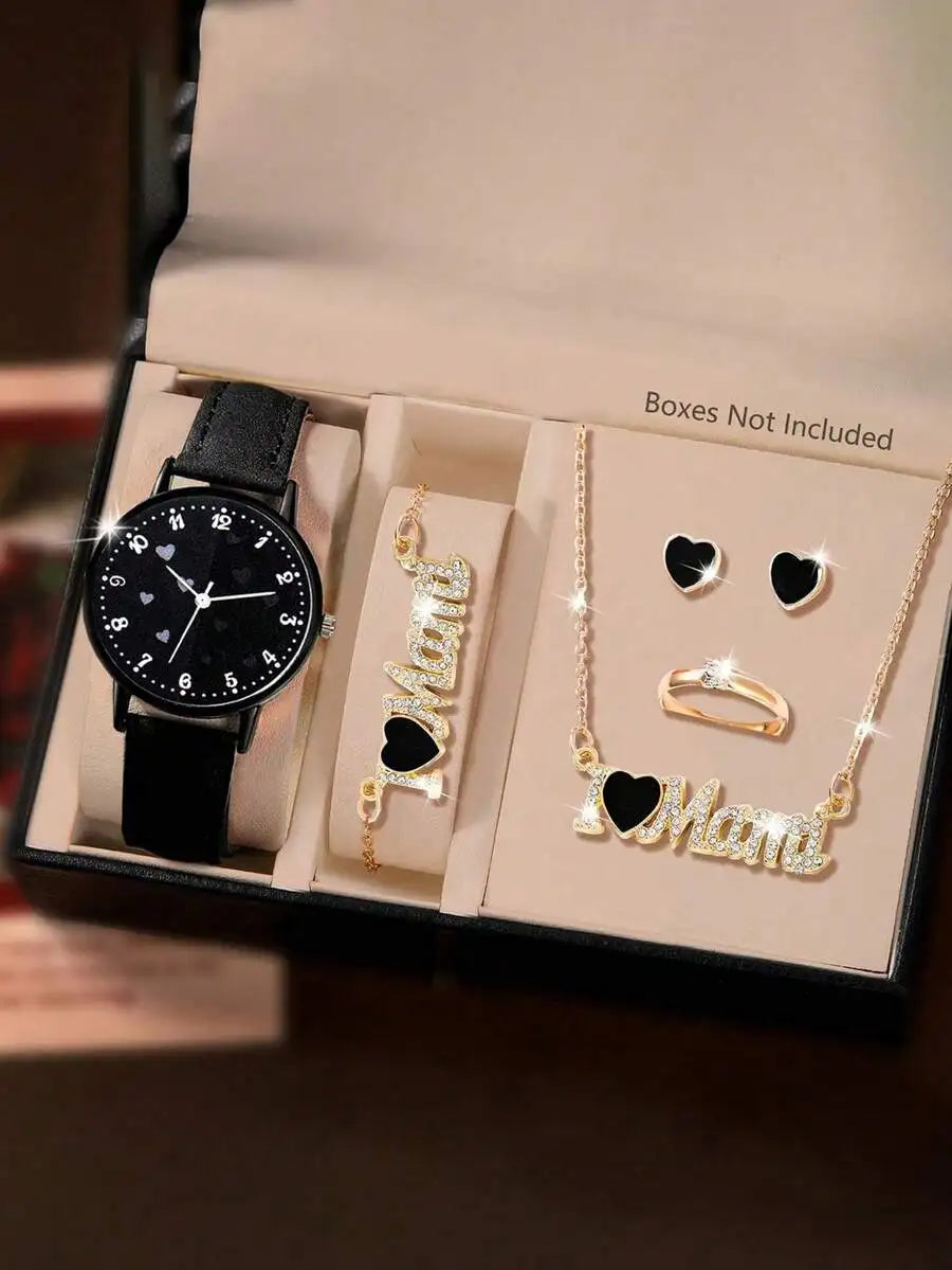 Mother's Day Ladies Watch 6pcs Ladies Fashionable Casual Quartz Watch And Minimalist & Fashionable Five Petals Flower Necklace