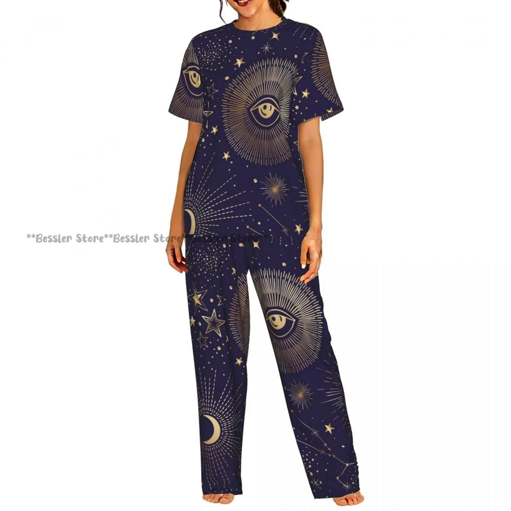Women's Whales And Constellation Stars Watercolor short sleeve trousers casual pajamas set